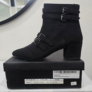 Nasty Gal ✦ Black Suede Buckle Ankle Boots ✦ Pointed Toe Block Heel Side Zip 9